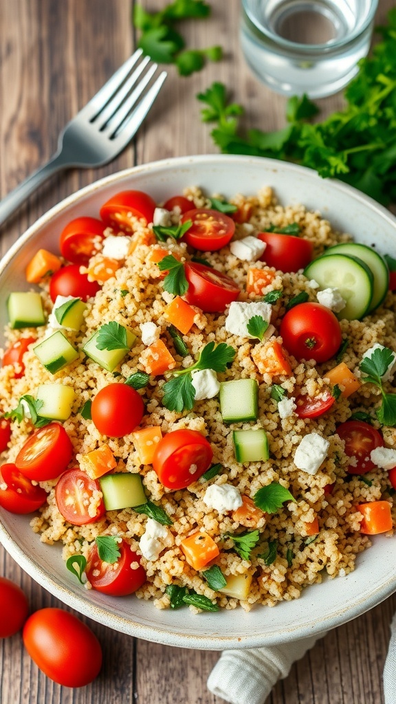 A vibrant Mediterranean quinoa salad with cherry tomatoes, cucumber, parsley, and feta cheese in a bowl on a wooden table.